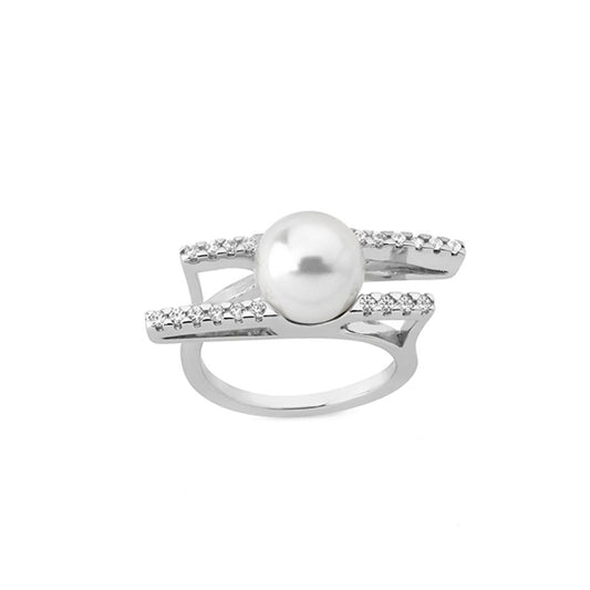 Elegant MAJORICA JEWELRY Mod. 15179.01.2.915.010.1 pearl ring with diamond accents