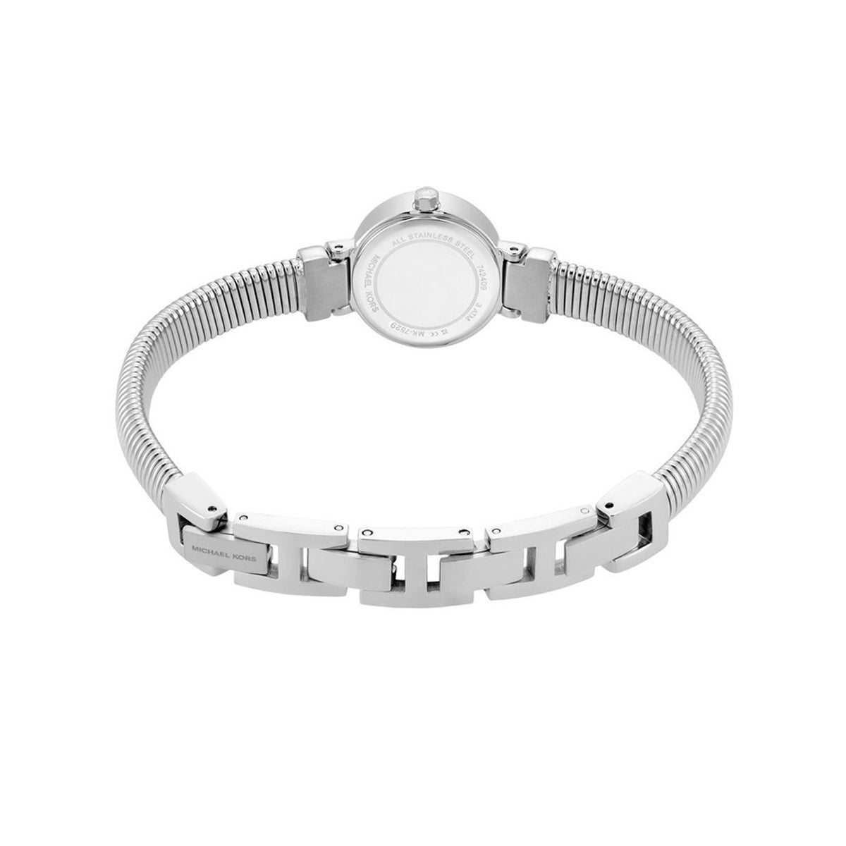 Back view of MICHAEL KORS Mod. GRAMERCY ladies wristwatch with 22mm case, shown in official packaging.