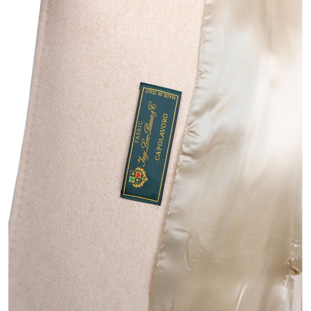 Label inside Made in Italy Beige Wool Women Coat with Rabbit Fur Collar showcasing Loro Piana fabric.