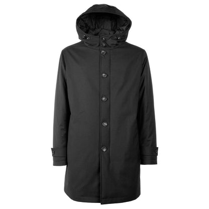 Made in Italy Black Wool Men's Jacket with hood and button front, showcasing elegant Italian craftsmanship