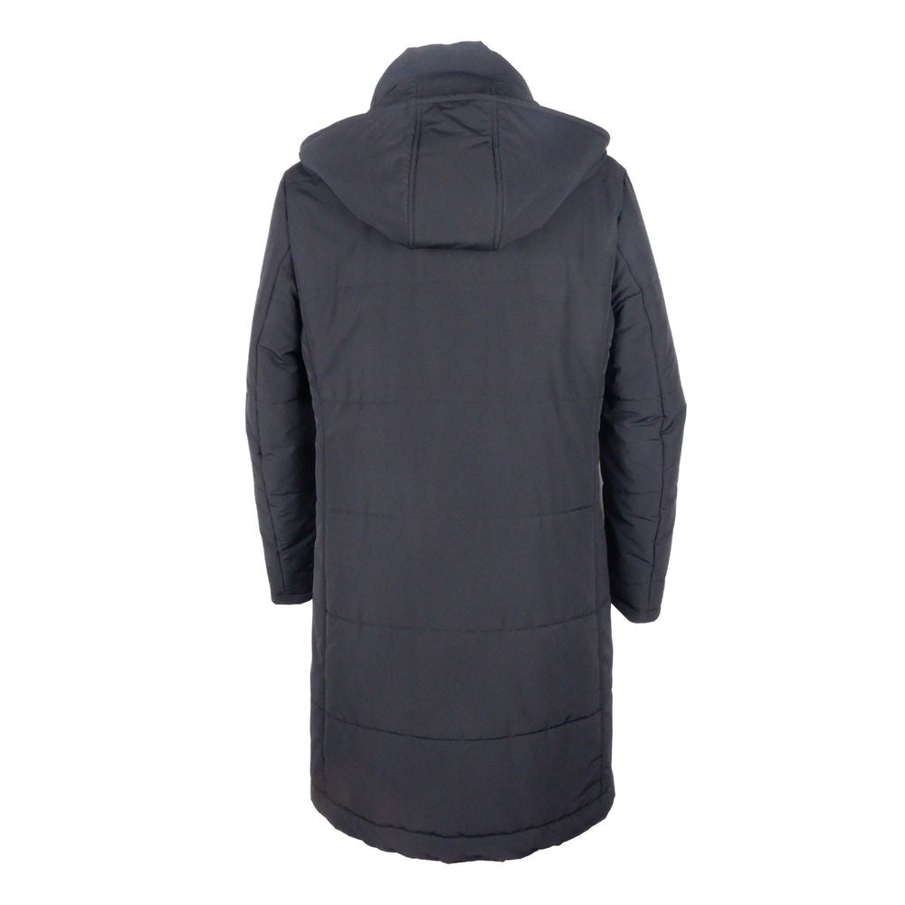 Rear view of Made in Italy Black Wool Men's Raincoat showcasing its elegant, tailored silhouette and luxurious Loro Piana fabric.