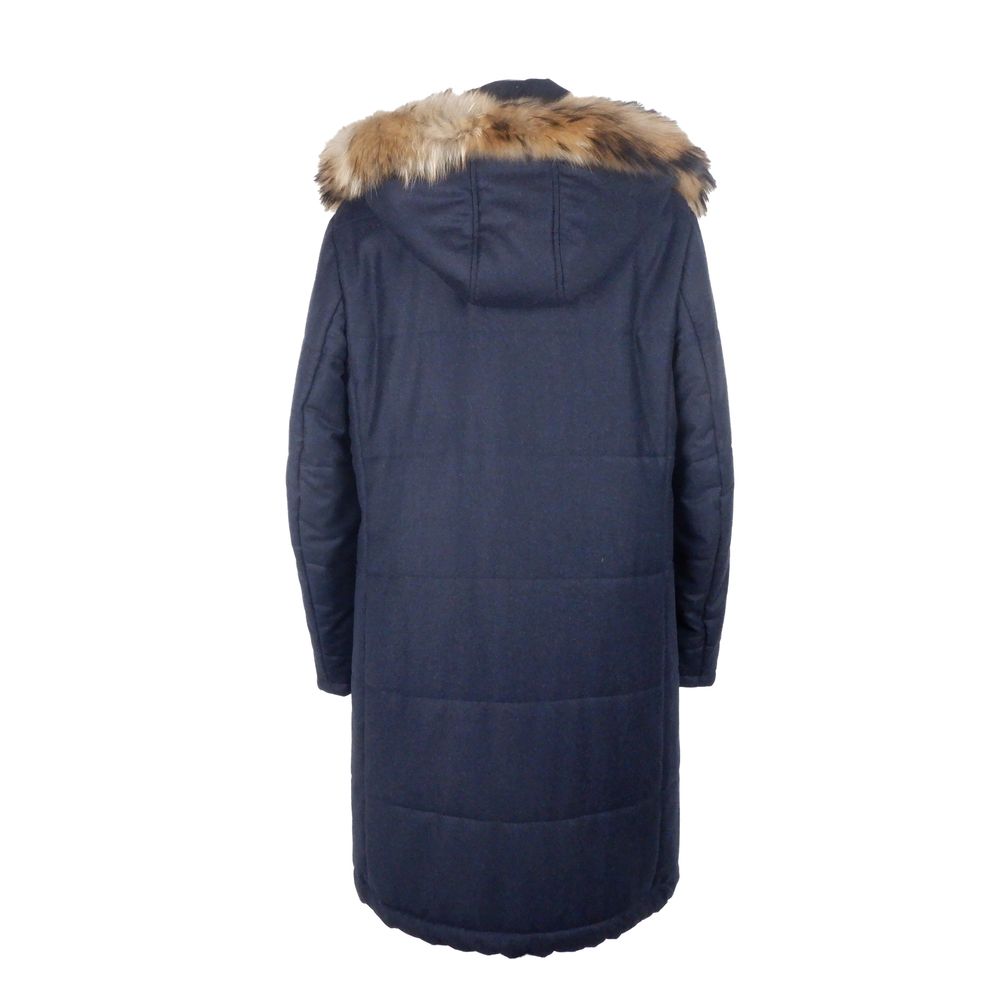 Made in Italy Blue Wool Men's Jacket with fur hood, rear view showcasing luxurious craftsmanship and elegant design.