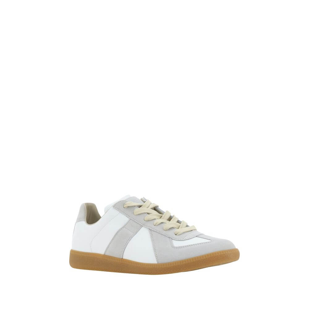 Margiela White Rubber Low Top Sneakers with suede detailing and gum sole, featuring a paneled design and front lace-up closure.