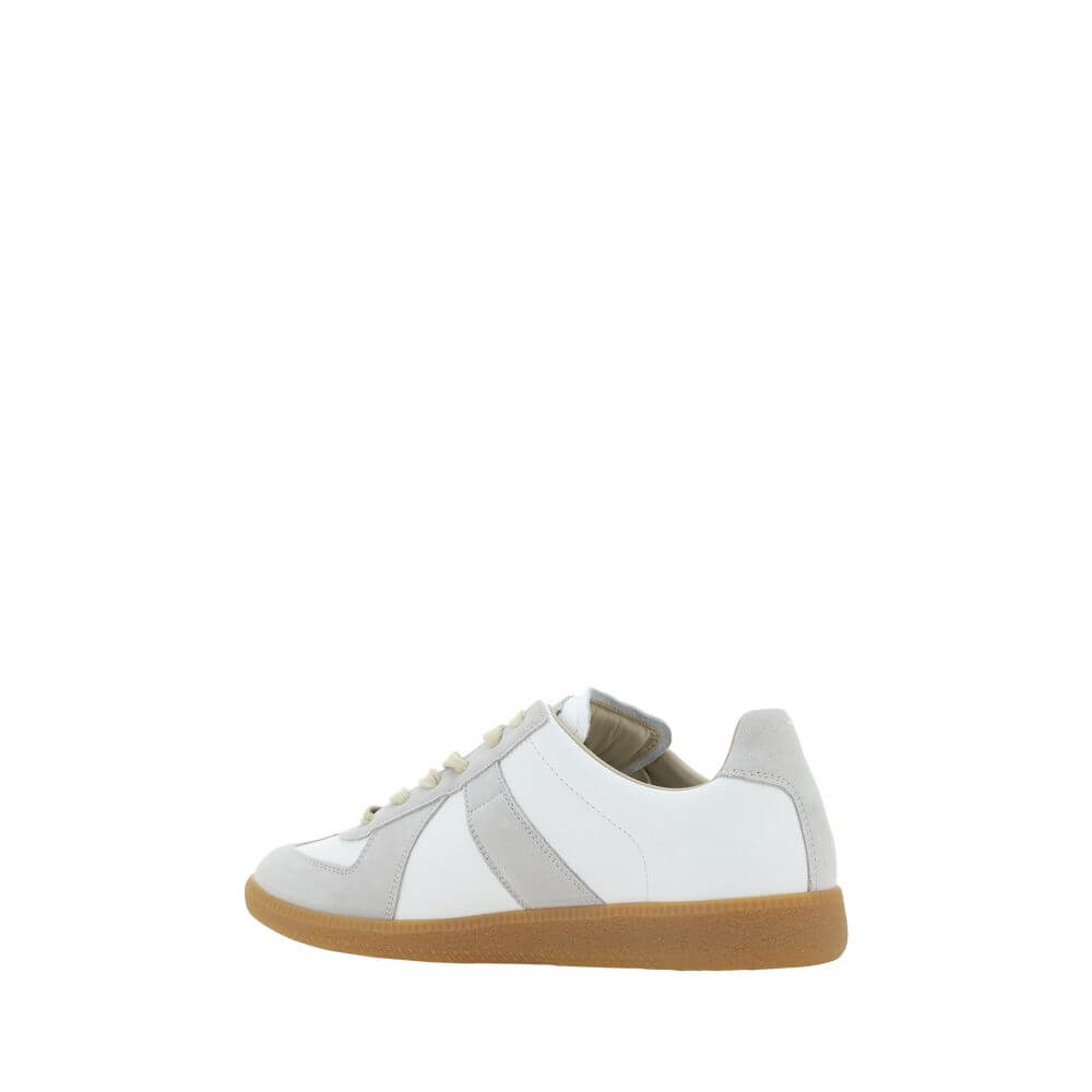 Margiela White Rubber Low Top Sneakers with calfskin upper and gum sole, featuring suede detailing and logoed press-stud tab.
