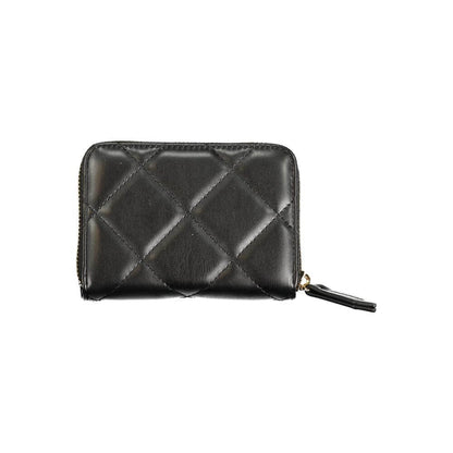 Mario Valentino Black Polyethylene Wallet with zip closure, card slots, coin purse, contrasting details, and logo design.