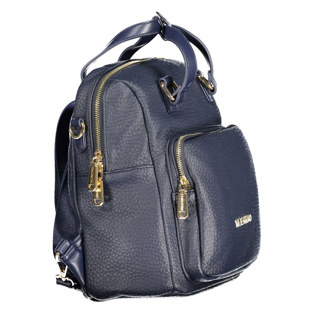Mario Valentino Blue Polyethylene Women Backpack with gold zippers, versatile design, and luxurious logo, perfect for fashion enthusiasts.