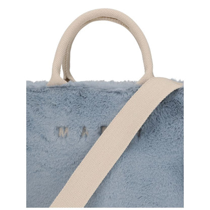 Close-up of Marni Light Blue Polyester Handbag with fur lining and adjustable strap, showcasing design details.