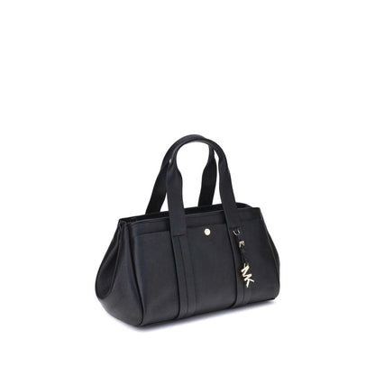 Michael Kors Black Calf Leather Bos Taurus Shoulder Bag with pendant and sturdy top handles for versatile carrying options.