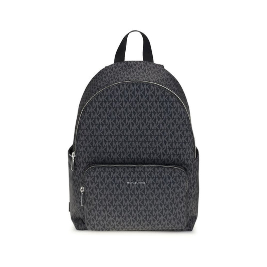Michael Kors Black Polyester Backpack with logo print, large size, zippered front clutch, two exterior pouches, ideal for style and utility.