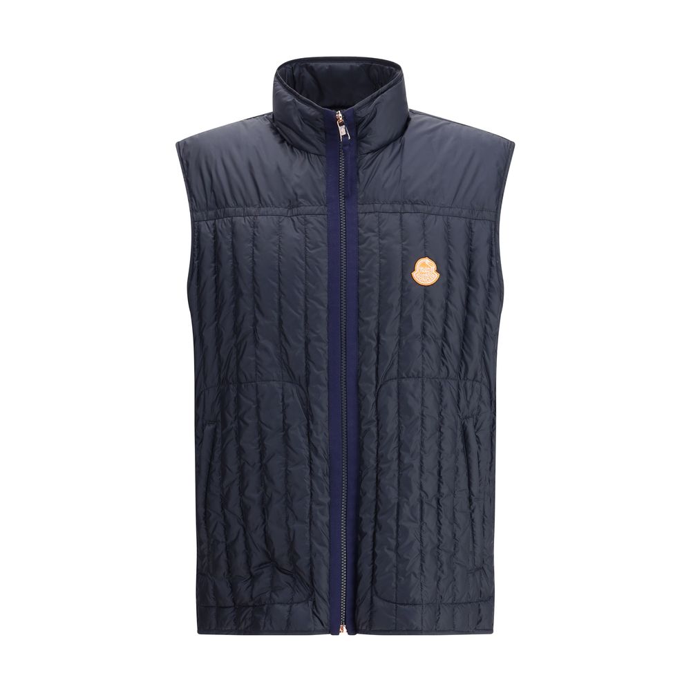 Moncler x Donald Glover Blue Polyamide Sleveless Jacket with vertical quilting, zip closure, and side pockets.