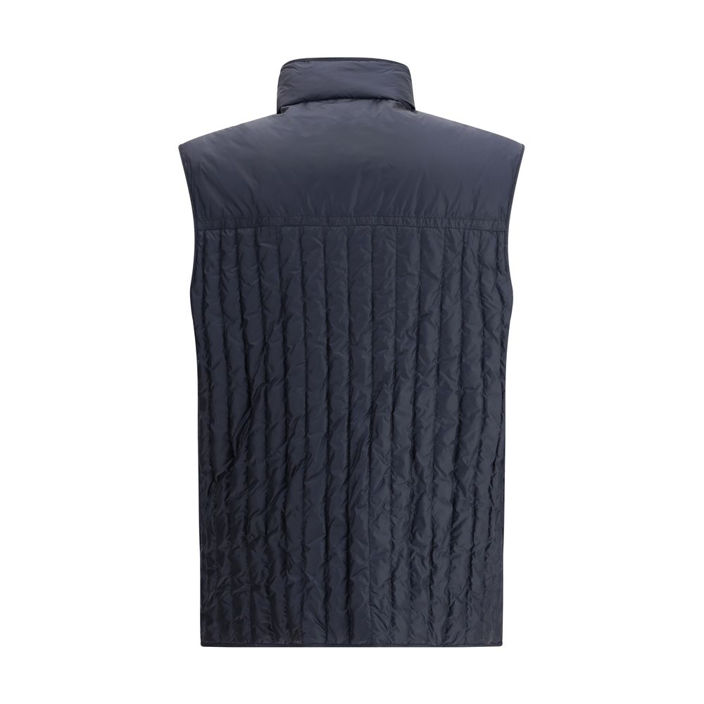 Back view of Moncler x Donald Glover Blue Polyamide Sleveless Jacket showcasing vertical quilting design.