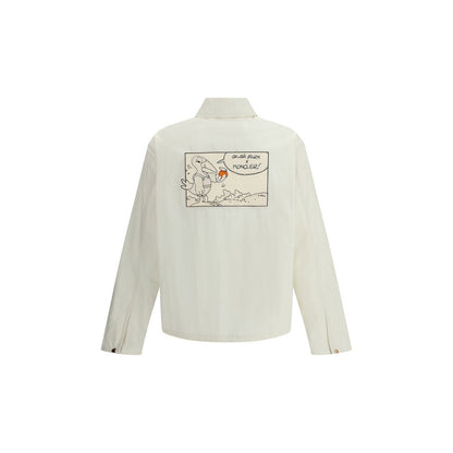 Moncler x Donald Glover White Cotton Coat with comic-style patch on back, part of Moncler Genius line.