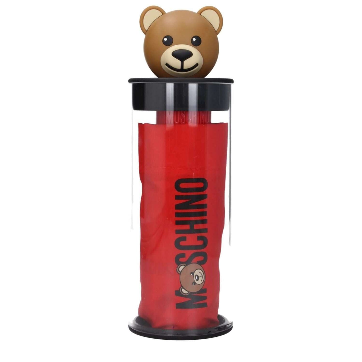 Moschino Red Polyester Umbrella in case with teddy bear handle, featuring brand logo and casual style, MPN 8430SUPERMINIC.