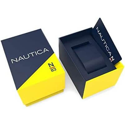 Official box packaging for NAUTICA Mod. NAPFWS005 watch, designed for gent with quartz movement, multifunction dial, and 5 ATM water resistance.