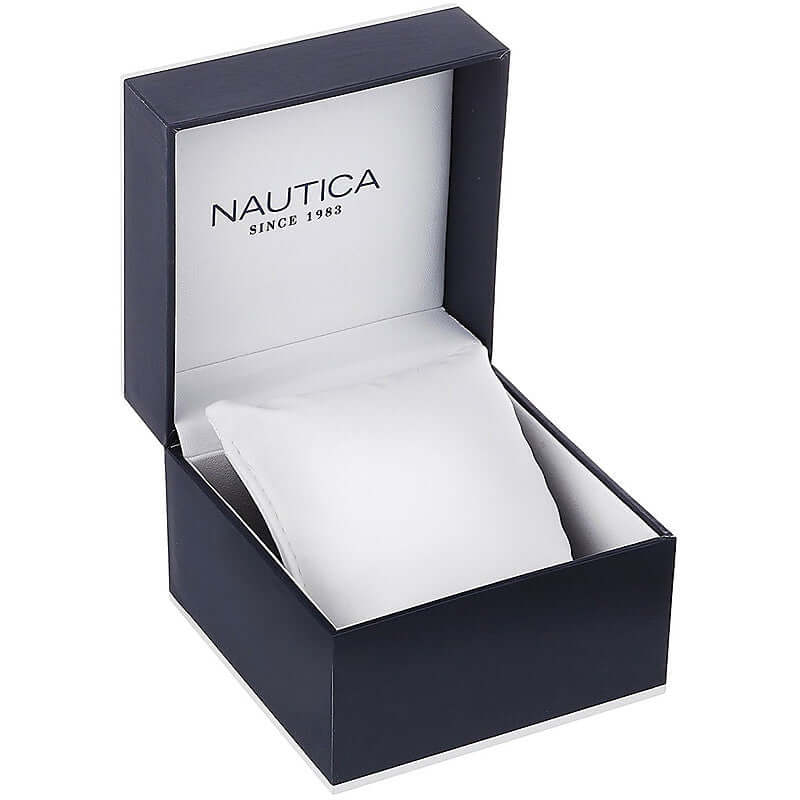 NAUTICA Mod. NAPFWS005 official packaging box for gent's multifunction quartz watch, water-resistant, in bracelet style.