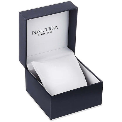NAUTICA Mod. NAPFWS005 official packaging box for gent's multifunction quartz watch, water-resistant, in bracelet style.