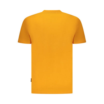 Back view of Napapijri Orange Organic Cotton Men T-Shirt with short sleeves and crew neck design, showcasing vibrant orange color.