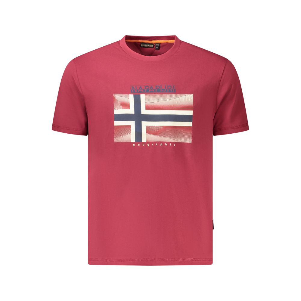 Napapijri Red Cotton Men T-Shirt with a bold print and logo, showcasing sustainable fashion made from 100% organic cotton.