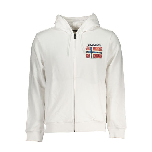 Napapijri White Cotton Men Sweater with logo and flag print, hood, and zip closure.