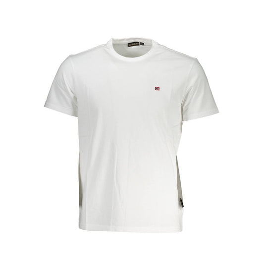 Napapijri White Cotton Men T-Shirt with short sleeves and crew neck, featuring iconic embroidery logo, perfect for casual wear.
