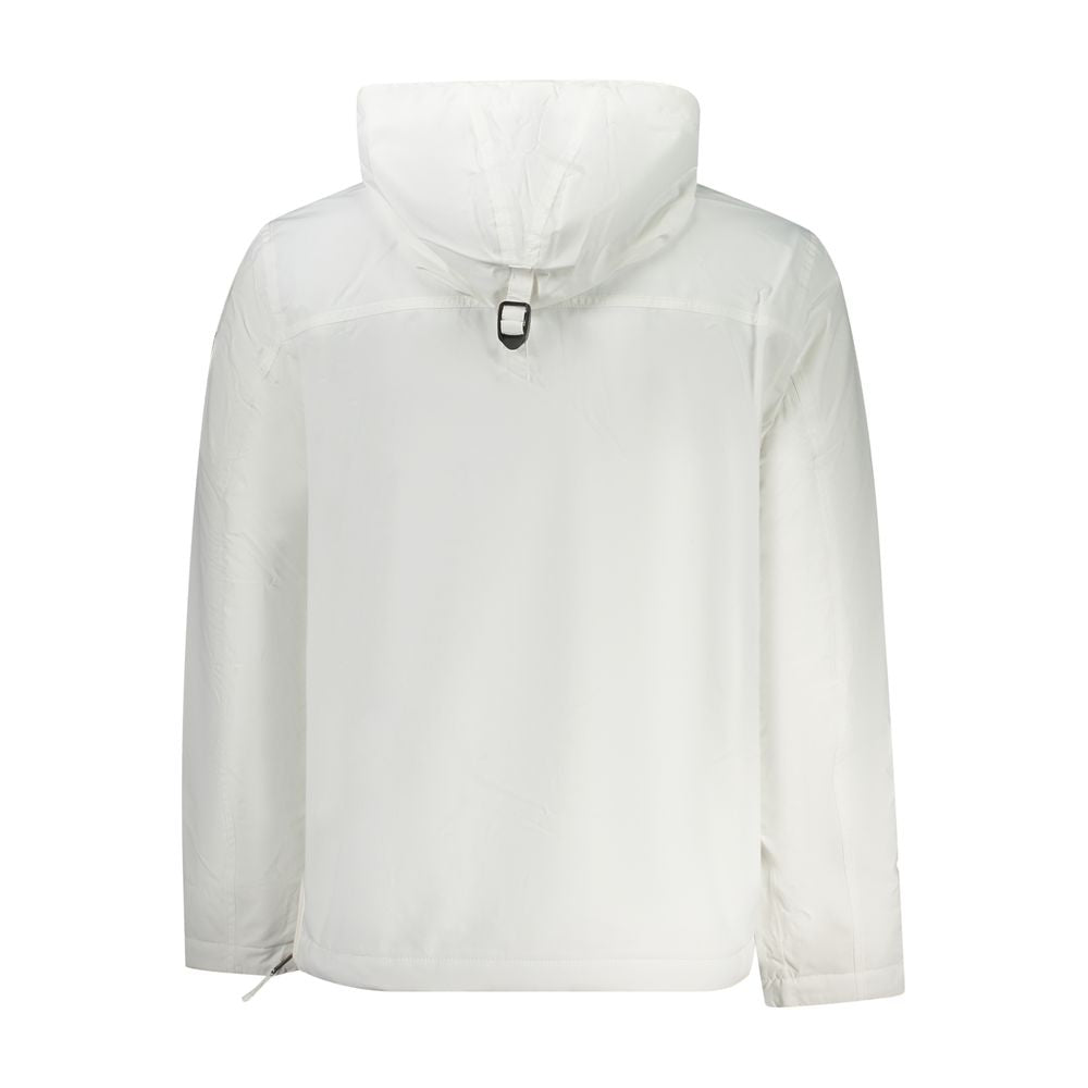 Napapijri White Polyamide Men Jacket with hood and long sleeves, back view showcasing eco-conscious fashion design.