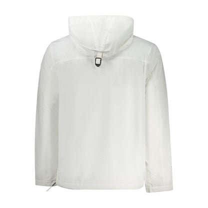 Napapijri White Polyamide Men Jacket with hood and long sleeves, back view showcasing eco-conscious fashion design.