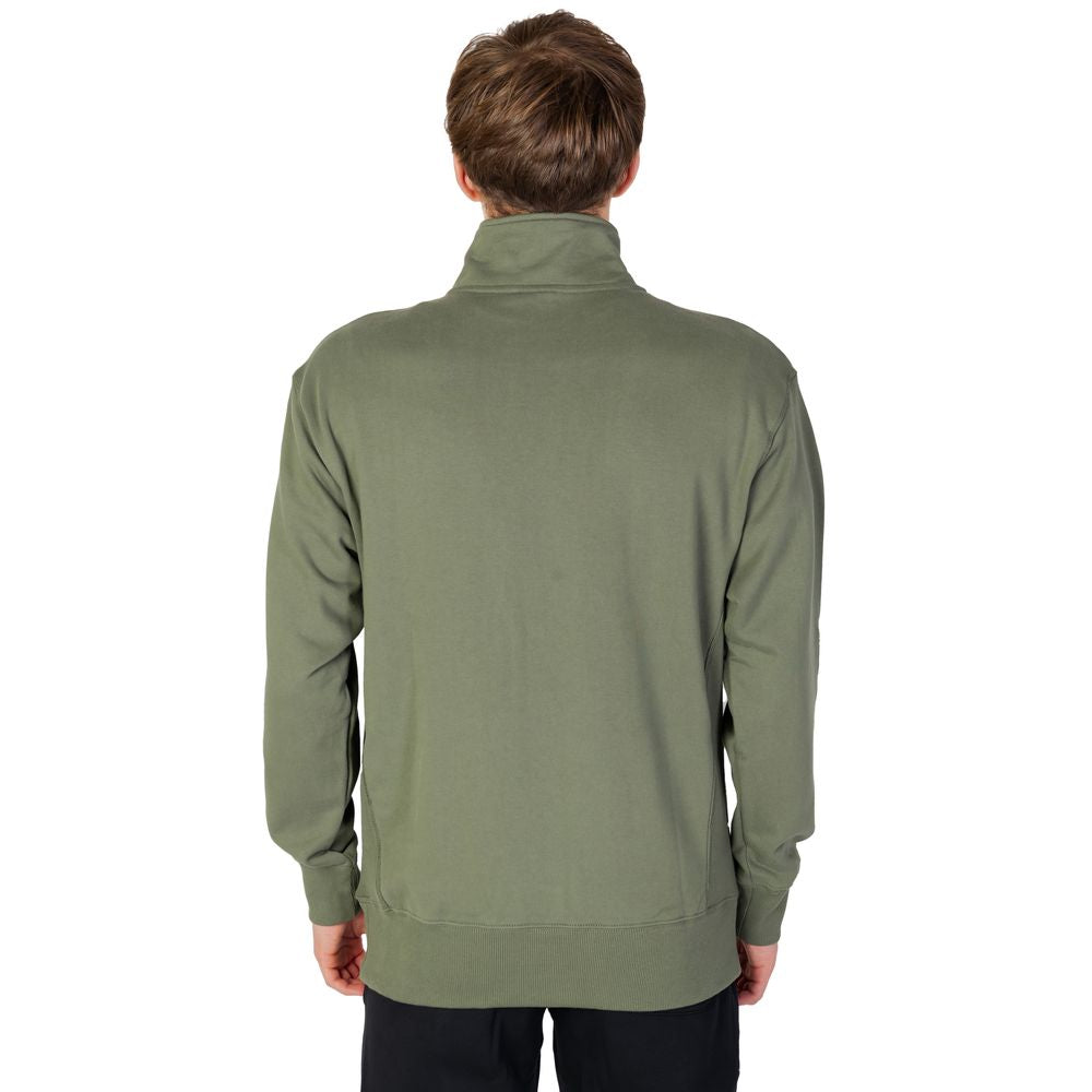 New Balance Green Cotton Sweatshirt shown from the back, featuring a practical high collar design and soft cotton fabric for comfort.
