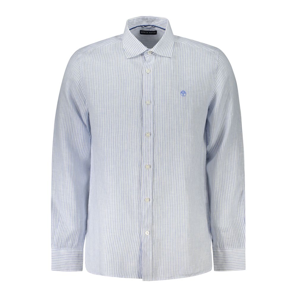 North Sails Blue Linen Shirt with long sleeves, French collar, and embroidery logo. Ocean Positive eco-friendly fashion.