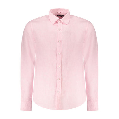 North Sails Pink Linen Shirt with long sleeves, Italian collar, 1-button cuffs, and ocean positive features, showcasing logo embroidery.