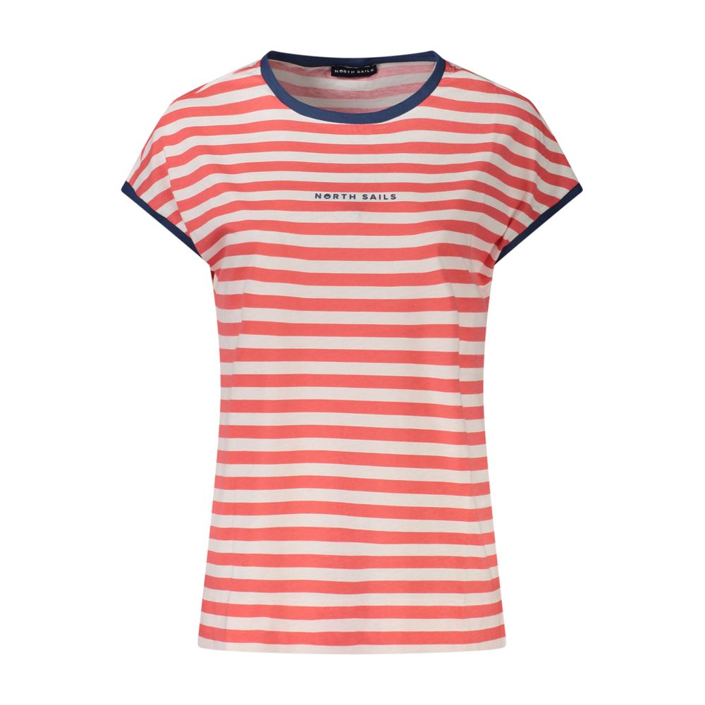 North Sails Red Cotton Women T-Shirt with striped design and embossed logo, showcasing bold sophistication and sea-inspired style.