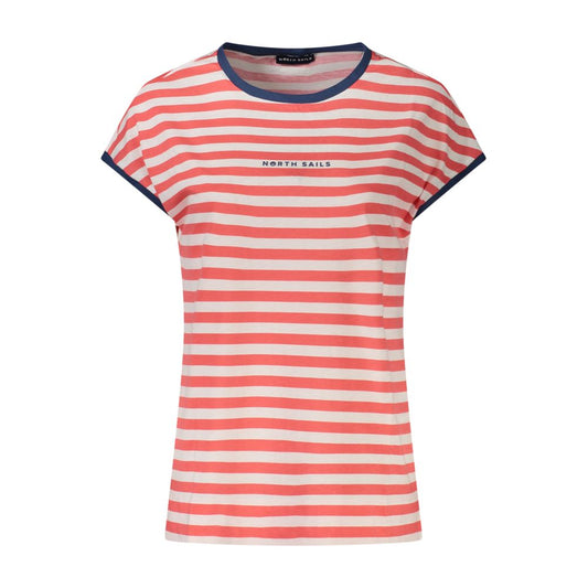North Sails Red Cotton Women T-Shirt with striped design and embossed logo, showcasing bold sophistication and sea-inspired style.
