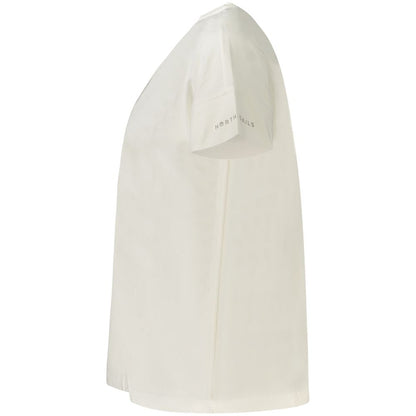 Side view of North Sails White Cotton Women T-Shirt featuring short sleeves, wide neck, and embossed logo for modern style.