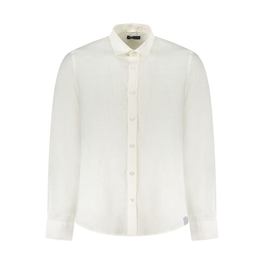 North Sails White Linen Shirt with Italian collar and button cuffs, embroidered logo, ocean positive design
