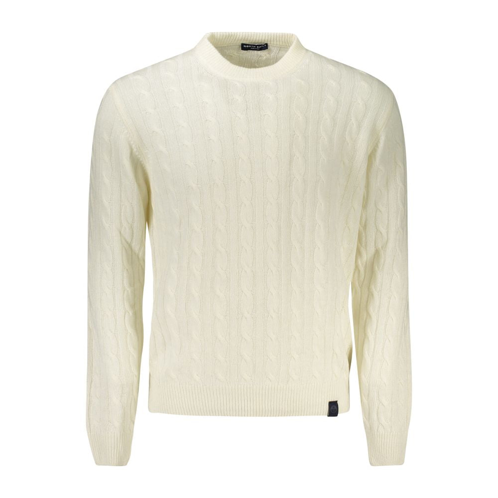 North Sails White Wool Men Sweater with long sleeves and crew neck, showcasing classic design and subtle logo on front.