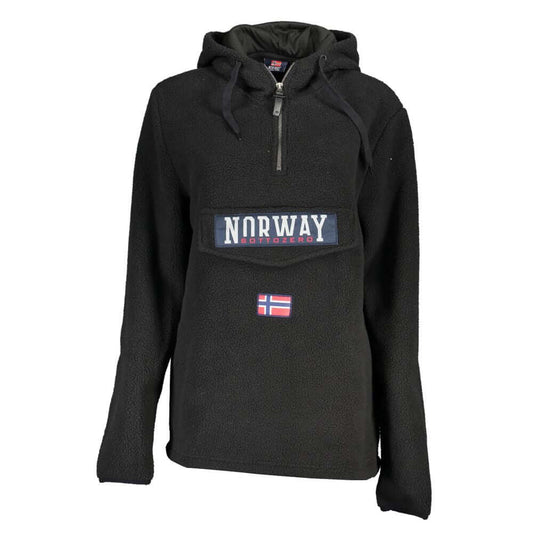 Norway 1963 Black Polyester Women Sweater with half-zip design and central pocket showcasing logo and Norwegian flag.