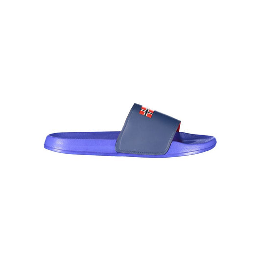Norway 1963 Blue Plastic Men Sandal with brand logo, vibrant blue color, and sleek design.