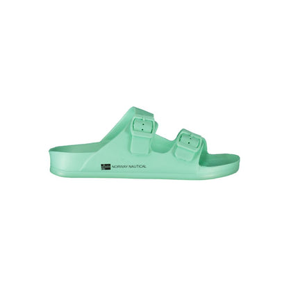 Norway 1963 Green Plastic Women Sandal with dual buckles, featuring brand logo, stylish and comfortable for trendsetters.