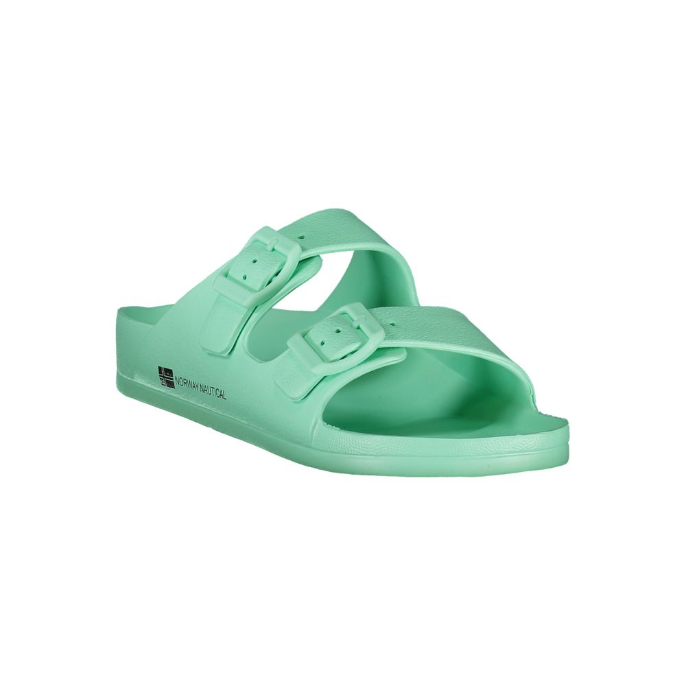 Norway 1963 Green Plastic Women Sandal with dual buckles and logo print, showcasing vibrant style and unique flair.