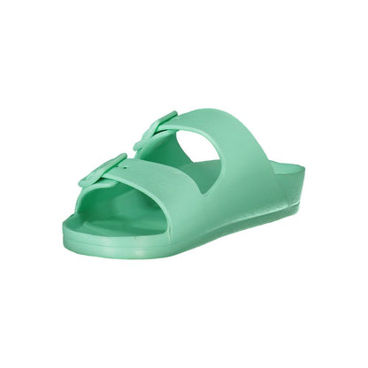Norway 1963 Green Plastic Women Sandal with dual-buckle design, avant-garde style, and brand logo print, ideal for trendsetters.