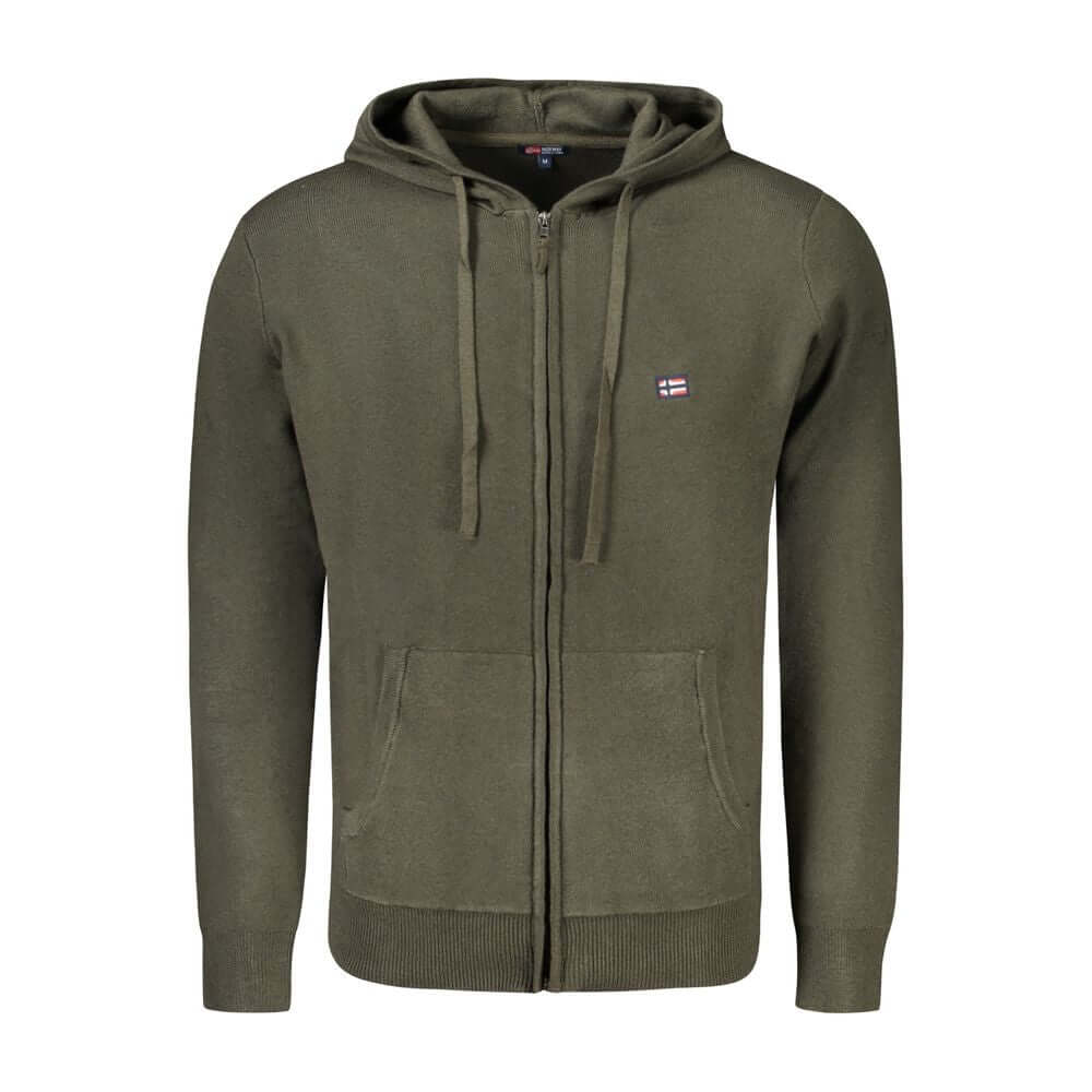 Norway 1963 Green Polyamide Men Cardigan with hood and pockets, front view showcasing embroidered logo, luxury fashion apparel.