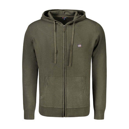 Norway 1963 Green Polyamide Men Cardigan with hood and pockets, front view showcasing embroidered logo, luxury fashion apparel.