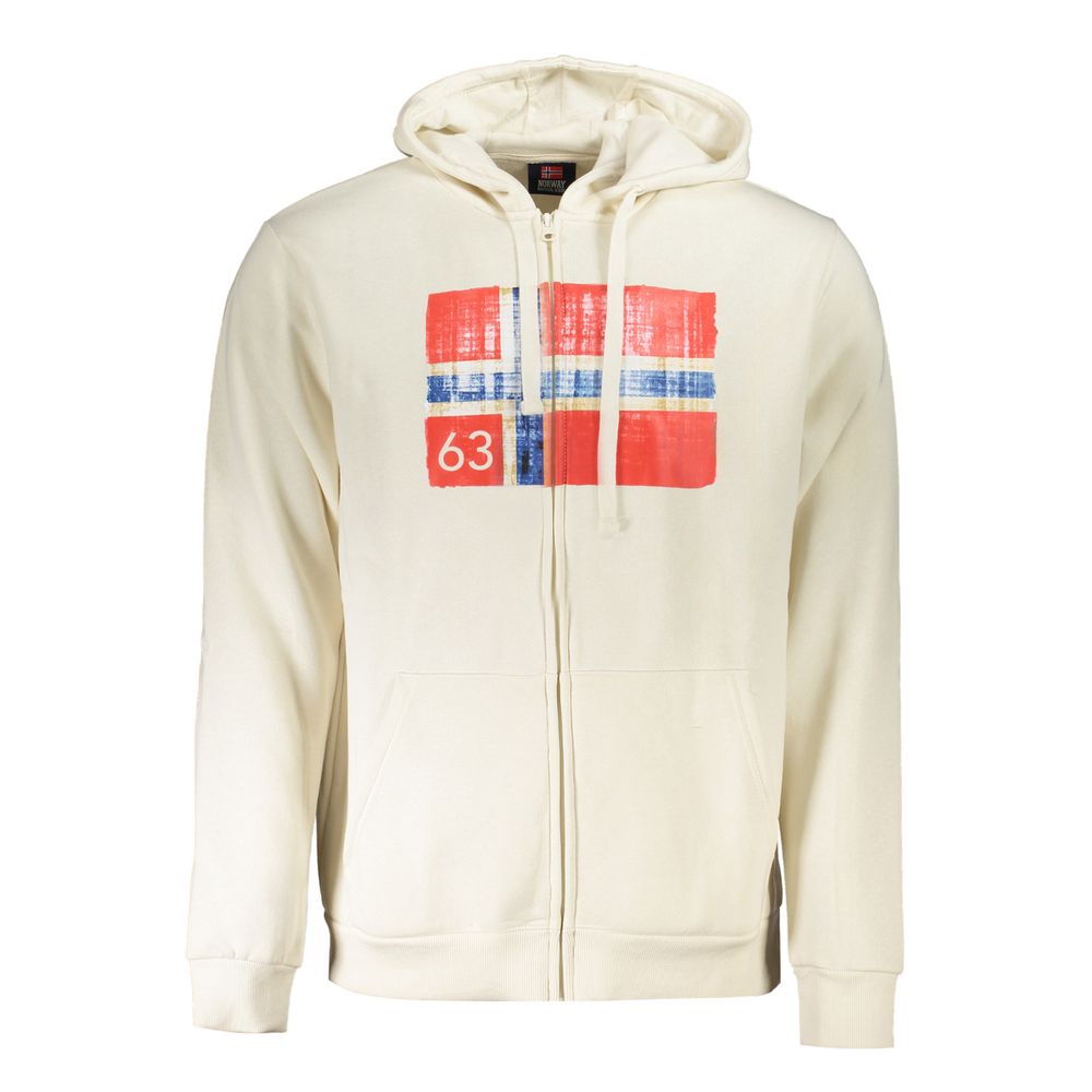 Norway 1963 White Cotton Men Sweater with Hood and Pockets, featuring a stylish print and logo design