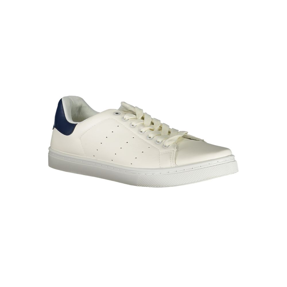Norway 1963 White Polyester Sneaker with contrast details, sports footwear with laces, print and logo, side view.