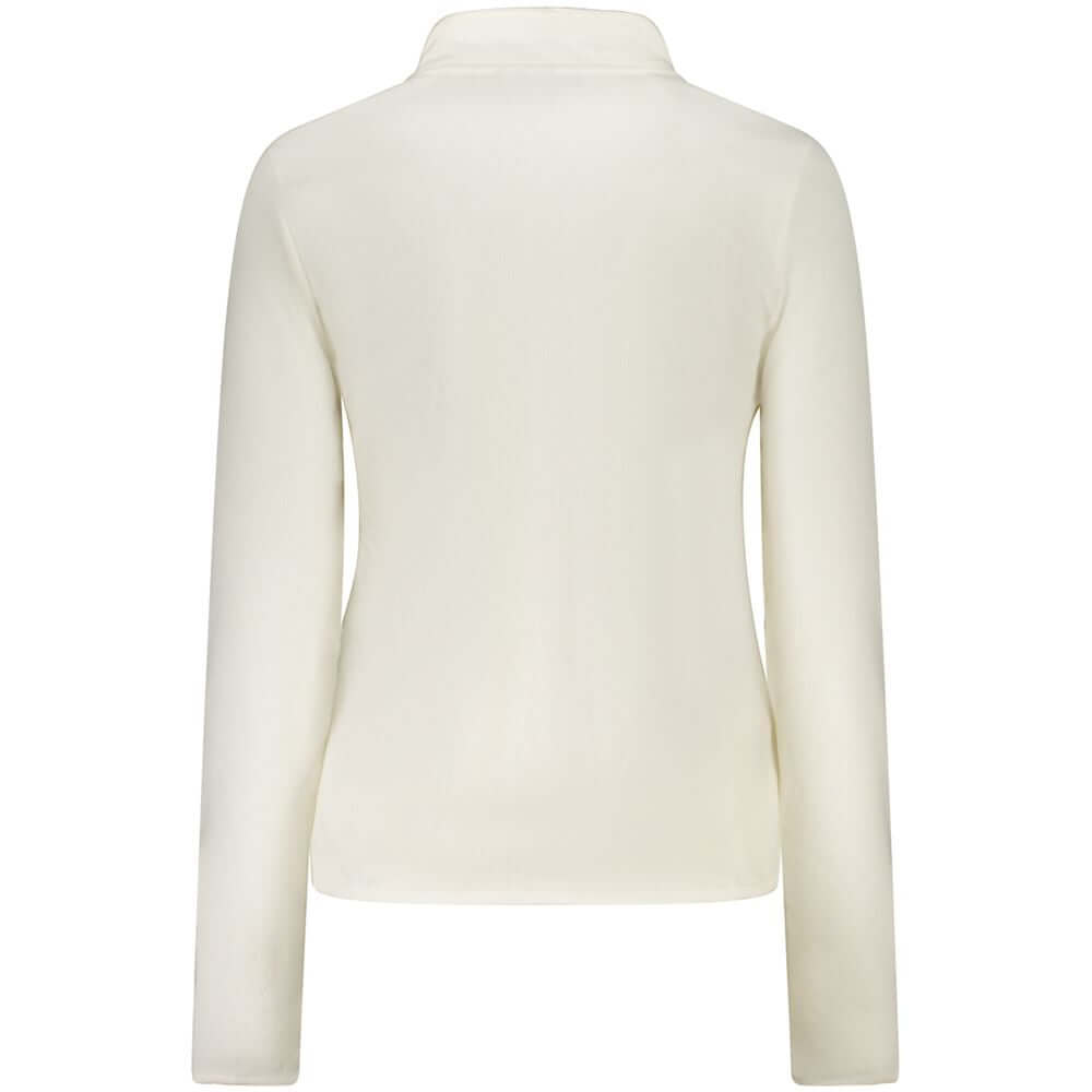 Back view of Norway 1963 White Polyester Women Sweater, showcasing its elegant design and sleek long sleeves.