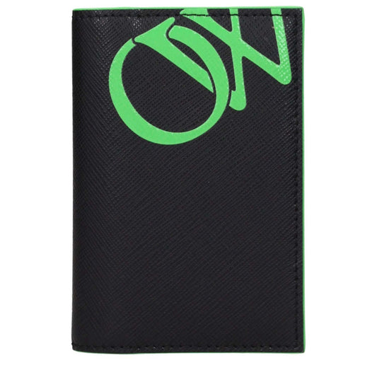 Off-White Black Leather Cardholder with fluo green accents, front view showing logo. Compact design, holds 9 cards. MPN: OMND083LEA0011070