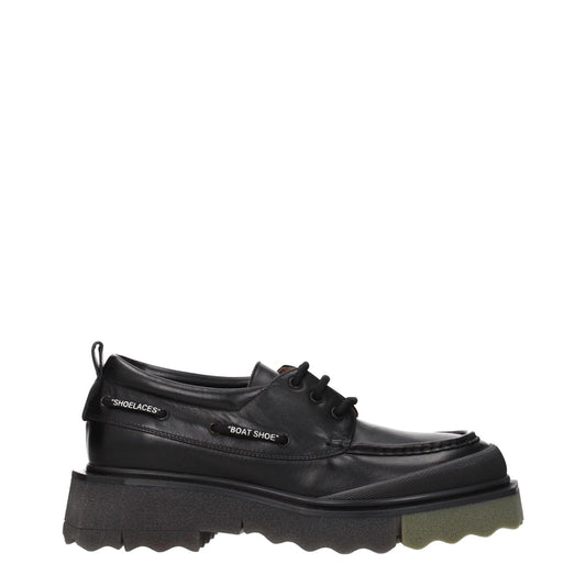 Off-White Black Leather Slip-On Loafers with lace up and monkstrap design, vintage effect, rubber sole, military green accents