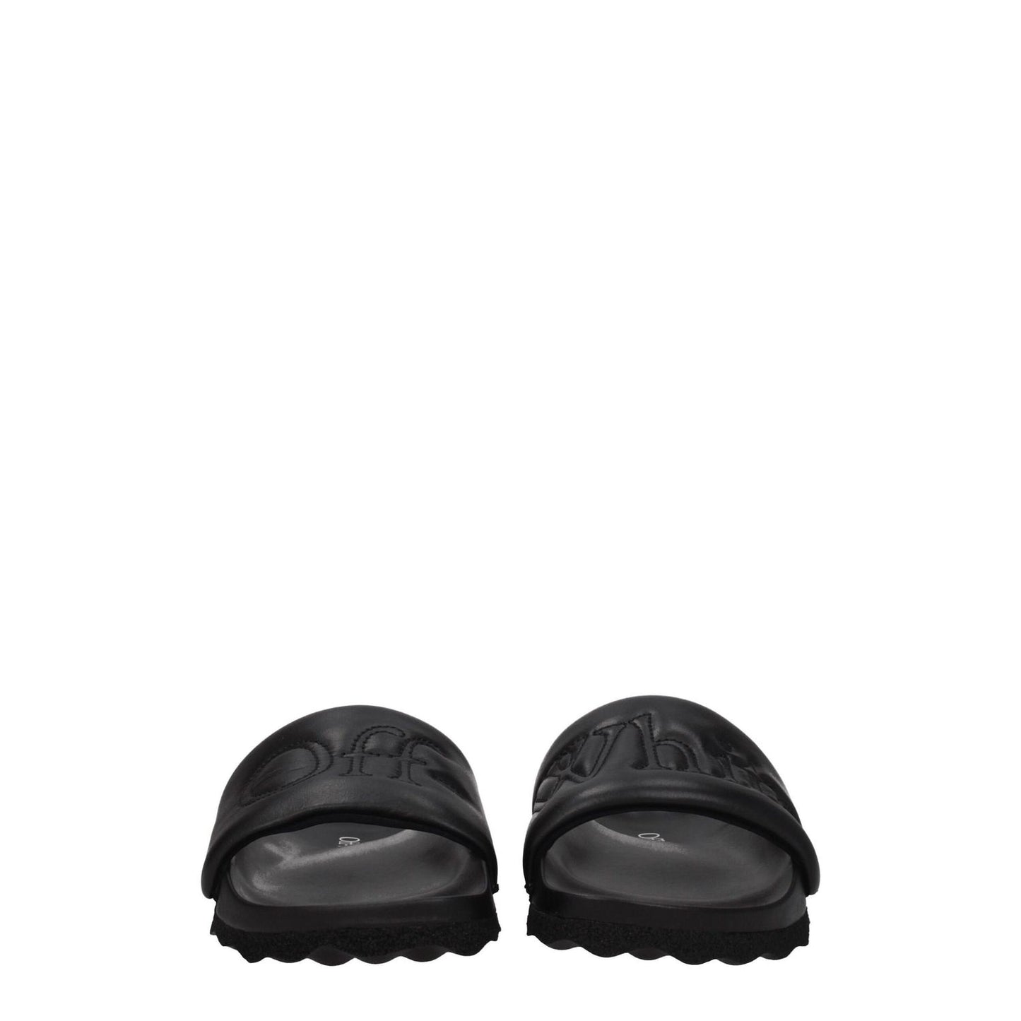 Off-White Black Leather Slippers with front logo, open toe design, and rubber sole, style casual, MPN OWIT001LEA0011010