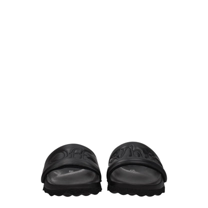 Off-White Black Leather Slippers with front logo, open toe design, and rubber sole, style casual, MPN OWIT001LEA0011010