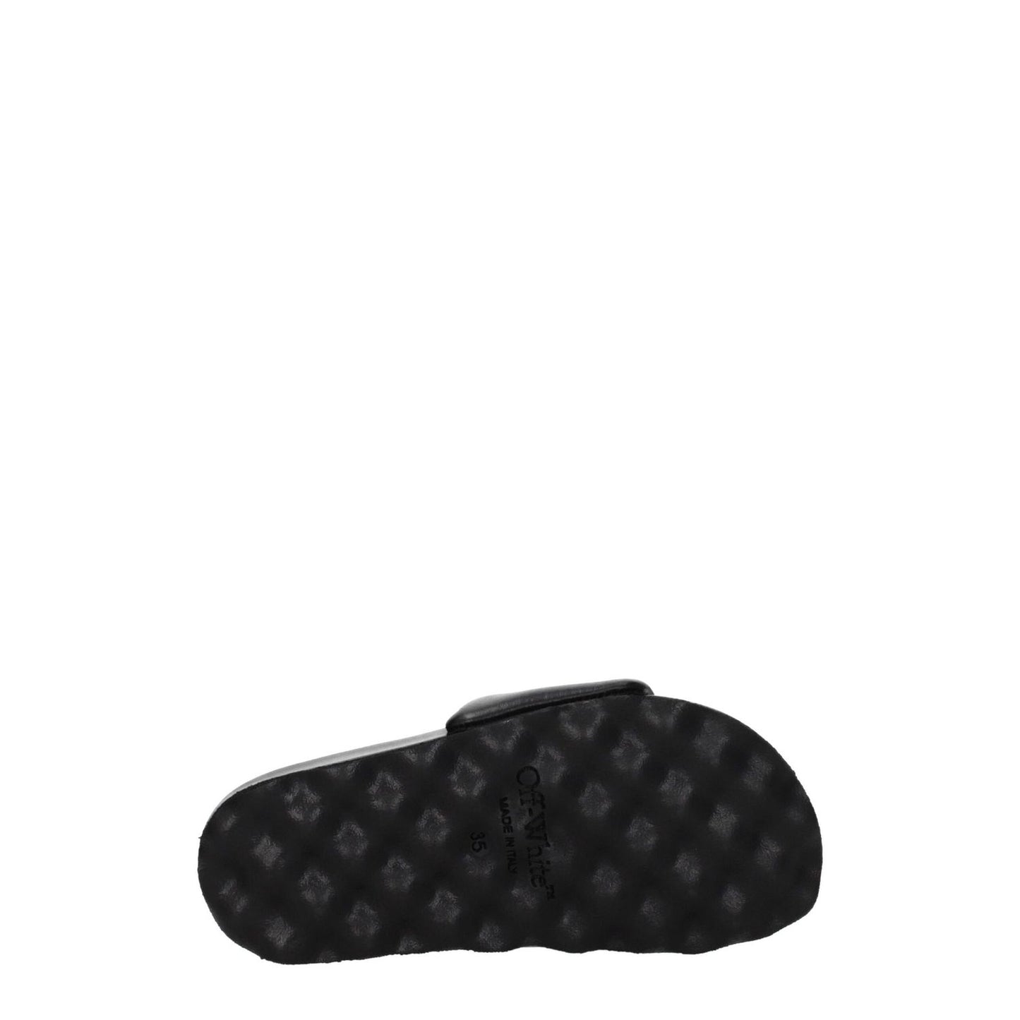 Off-White Black Leather Slippers with rubber sole and open toe design, featuring a front logo, casual style slippers and clogs.