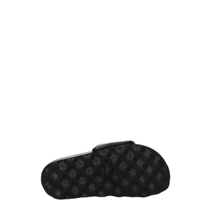 Off-White Black Leather Slippers with rubber sole and open toe design, featuring a front logo, casual style slippers and clogs.